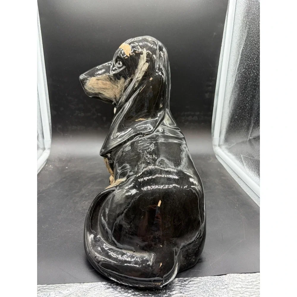 Vintage Ceramic Basset Hound Dog Figurine Signed Snoopy Black Tan Glossy 11.5in